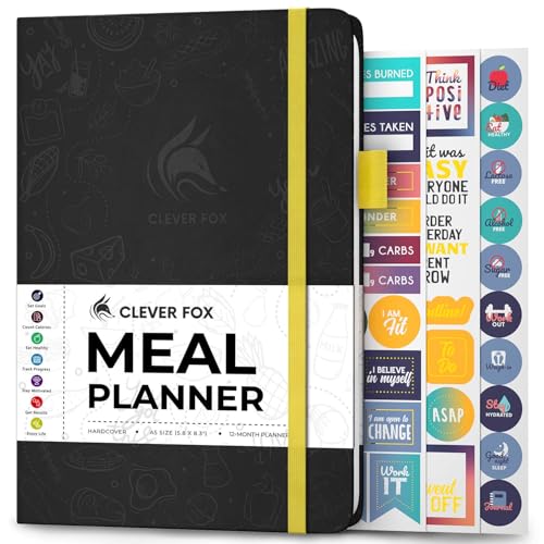 Clever Fox Weekly Meal Planner - Weekly & Daily Meal Prep Journal with Shopping and Grocery Lists for Menu Planning, Healthy Diet & Weight Loss Tracking, Lasts 1 Year, Undated, A5 - Black - color: Black