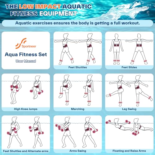 Sportneer Aquatic Exercise Equipment Water Aerobics Combo Set Includes High Density Water Weights Dumbbell Aqua Belt Water Ankle Weights for Pool Exercise Aquatic Therapy Pool Fitness Water Exercise - color: Pink, style: Aqua Exercise Set with Foam Cuffs