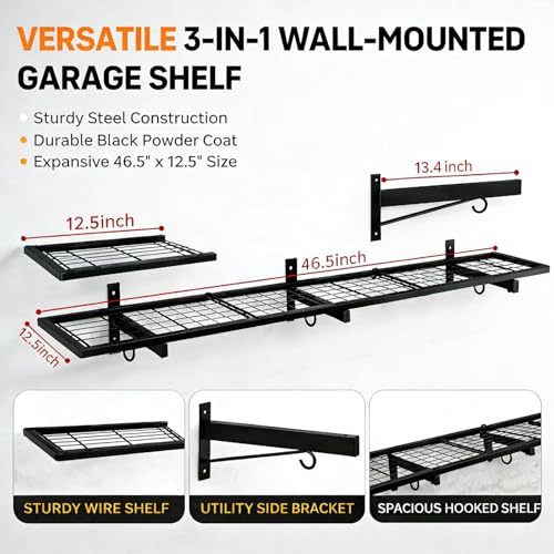 2-Pack Garage Wall Shelving, 46" × 12" Wall Mounted Floating Shelf, Heavy Duty Shelves 360 LBS Load Capacity, Black Storage Rack for Basement, Shop, Shed, Closet, Laundry Room - style: 2 PACK