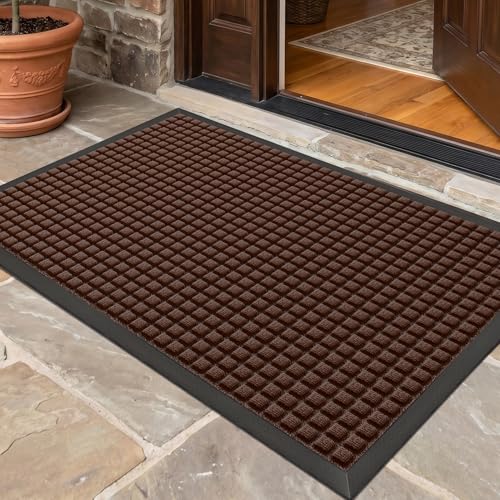 Front Door Mat Outside Entrance, Heavy Duty Waterproof Doormat | 29.5"x17" Indoor/Outdoor Dirt Trapper with Non-Slip Rubber Backing, Low Profile Easy Clean, Stain & Fade Resistant Brown - color: Brown, size: 1'5" x 2'6" (Rectangular)