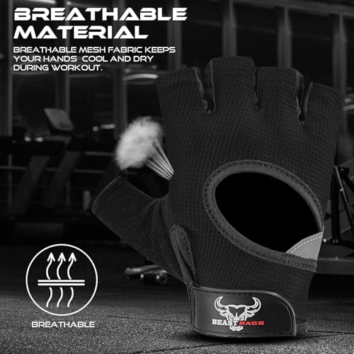 BEAST RAGE Fingerless Weight Lifting Gloves with Palm Protection Padding, Breathable Lightweight Gym Gloves for Men, Women, Weightlifting, Cycling, Exercise, Training Pull Up - color: Black, size: X-Large
