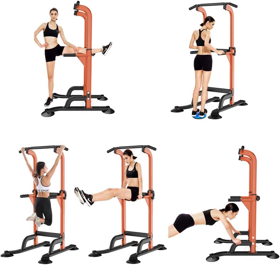 SogesHome Power Tower Pull Up Bar and Dip Station, Height Adjustable Dip Stand Exercise Machine for Home Gym, Multi-Functional Free Standing Strength Training Fitness Workout Station - color: Orange
