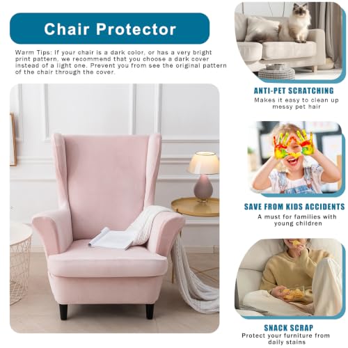 NILUOH Thick Velvet Wingback Chair Slipcovers 2-Piece, Stretch Wing Chair Covers Soft Sofa Slipcover Wing Back Armchair Cover Furniture Protector for Living Room - color: Light Pink