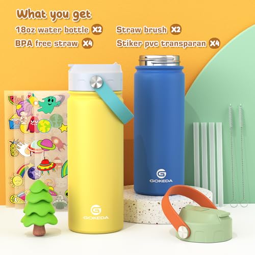 GoKEDA 18oz Kids Water Bottle, 2 Pack Insulated Bottles with Stickers, 18/8 Stainless Steel Vacuum Leak Proof Straw Cup for School, Gifts for Boys Girls(BlueYellow+GreenBlue) - color: Blue Yellow+Green Blue