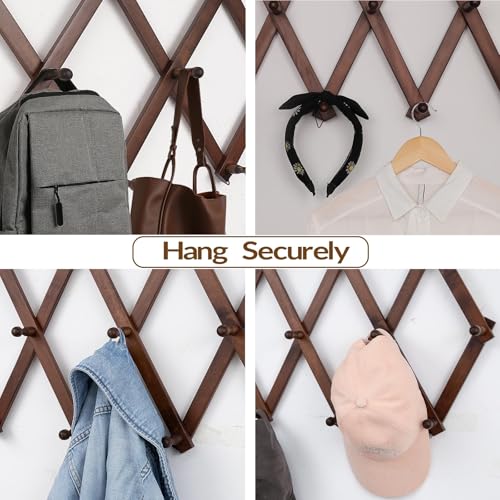 SCUNDA Wall Rack with 10 Hooks, Wooden Wall Expandable Coat Rack for Coat, Hats, Baseball Caps, Coffee Mug, Jewelry(Brown) - color: Brown, size: 10 Hooks