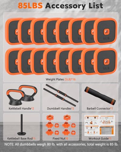 Rendpas 4-in-1 Adjustable Dumbbell Set with Foldable Weight Bench, Convert to Barbell Kettlebell Push-Up Stand, 800LBS Bench 10 Angles Incline Decline Flat, Home Gym Weight Set - color: Orange, size: 85LB Dummbell Set & Adjustable Bench