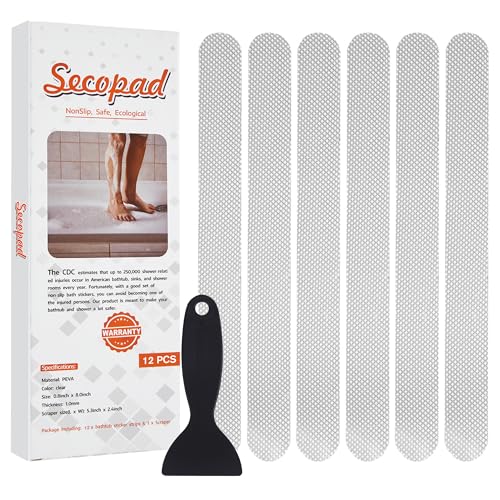 Secopad Original Anti-Slip Shower Stickers for Bathtub & Shower Floor, Strong Adhesive Safety Strips with Scraper Ideal for Families with Kids, Adults & Seniors, 12 PCS (Clear) - color: Clear