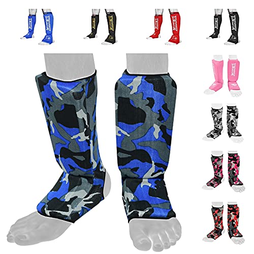 Be Smart Kids, Adults, Youth, Men and Women Muay Thai MMA Kickboxing Shin Guards, Instep Guard Training, Sparring Protective Gear Equipment Shin Kick Pads - color: Blue Camo, size: XXXS ( 3 to 8 Years )