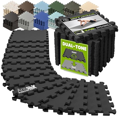 bemaxx Gym Mats Set - 18 pcs EVA Interlocking Foam Floor Tiles (12.6"x12.6"x0.4") 18sqft Protective Gym Flooring Sports Home Workout Exercise Mats Puzzle Garage Fitness Play-Room Pool Treadmill Bike - color: Anthracite-grey | 2-side Antislipx, size: 18 Ti