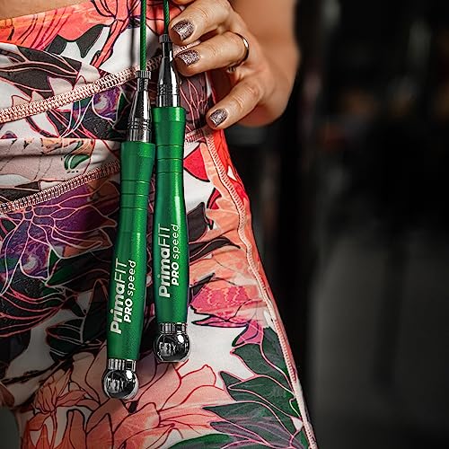PrimaFIT Pro Speed Jump Rope for Adults, Weighted Skipping Rope for Boxing | Adjustable Jumping Rope for Fitness Workout & CrossFit Exercise, Double Unders, Handle Weights, 3m Cables 2 Protectors, Bag - color: Green