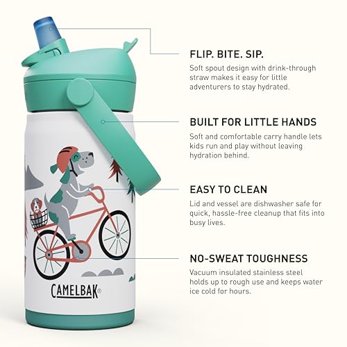 CamelBak Thrive Flip Straw Kids Bite Valve Stainless Steel Water Bottle Biking Dogs, 12oz - color: Biking Dogs