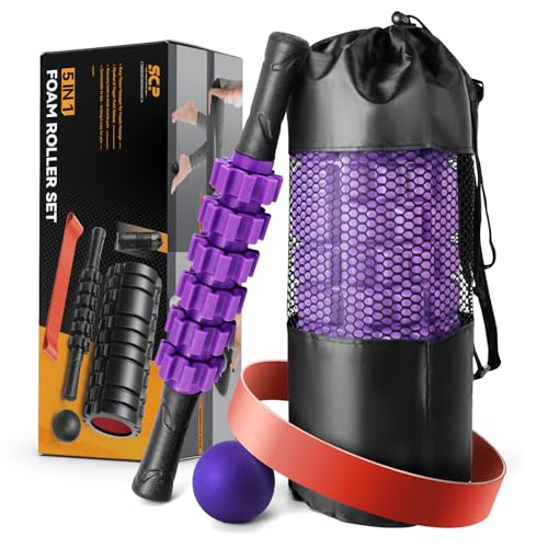 5 in 1 Foam Roller Set for Deep Tissue Muscle Massage, High Density Trigger Point Fitness Patented Exercise Foam Roller, Massage Roller, Massage Ball, Resistance Band, for Whole Body(Purple) - color: Purple
