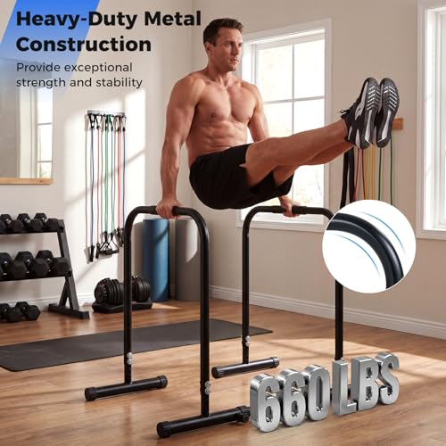 Goplus Adjustable Dip Bar, Heavy Duty Parallette Push Up Stand with 660 LBS Capacity, Anti-Slip Foam Grips, Portable Fitness Workout Dip Station for Home Gym, Calisthenics - size: 1 Side Locked