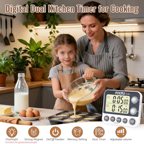 Digital Dual Kitchen Timer with Magnetic Back & Memory Presets, 2 Groups Countdown/Up Stopwatch Timer, 3-Level Volume + LED Alert, On/Off, 100Hr Max for Cooking, Baking (Battery Included) - size: Dual Timer