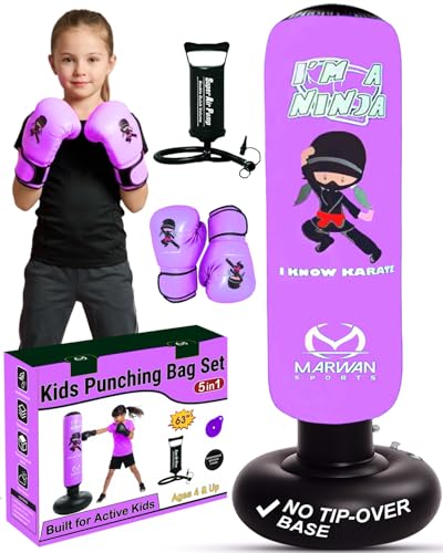 Marwan Sports Ninja Kids Punching Bag — Inflatable Sensory Toy & Birthday Gift for Boys & Girls Ages 4-12, 63" Freestanding 5-in-1 Kit, Indoor Apartment-Quiet Sensory-Friendly Active Play - color: Purple
