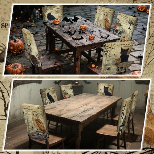 Moukeren 6 Pcs Gothic Chair Cover Set Gothic Halloween Decor Stretch Dining Chair Back Covers Skeleton Black Cat Bat Owl Seat Covers Horror Home Farmhouse Dining Seat Protector for Kitchen Decor - style: Gothic