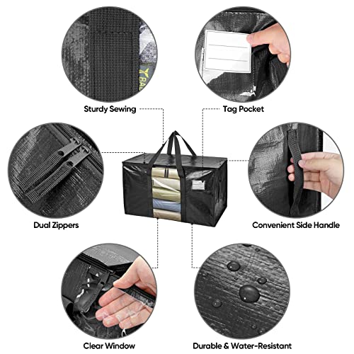 BALEINE 4-Pack Oversized Moving Bags with Reinforced Handles, Heavy-Duty Storage Tote Moving Supplies for Packaging, Camping (Black w/Window, 4-Pack) - color: Black-window, size: 4-Pack