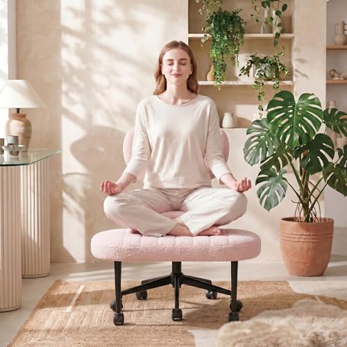 Cross Legged Office Chair with Wheels, 360 Swivel Height-Adjustable Meditation Chair with Lumbar Support, Pink - color: Pink, size: Oval Back