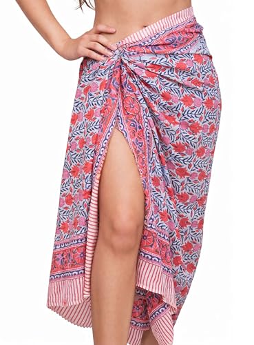 Beach Cover Ups for Women, Cotton Sarong Wrap Pareo | 100% Cotton Sarong Wraps For Women, 73 x 44 In. Pareo Beach Wrap, Bikini Cover Up, Bathing Suit Cover Up, Resort Wear - color: Orange Floral