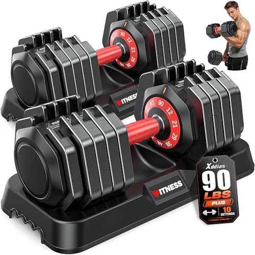 XDDIAS Adjustable Dumbbell Set for Home Gym Workout | 25 to 90 lbs, non-slip knurled grip, compact storage, one-hand adjustable - size: 90LB Pair