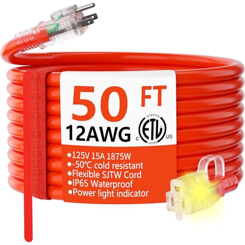 HUANCHAIN 12/3 Gauge Heavy Duty Outdoor Extension Cord 50 ft Waterproof with Lighted end, Flexible Cold-Resistant 3 Prong Electric Cord Outside, 15Amp 1875W 12AWG SJTW, Orange, ETL - color: Orange, size: 50FT
