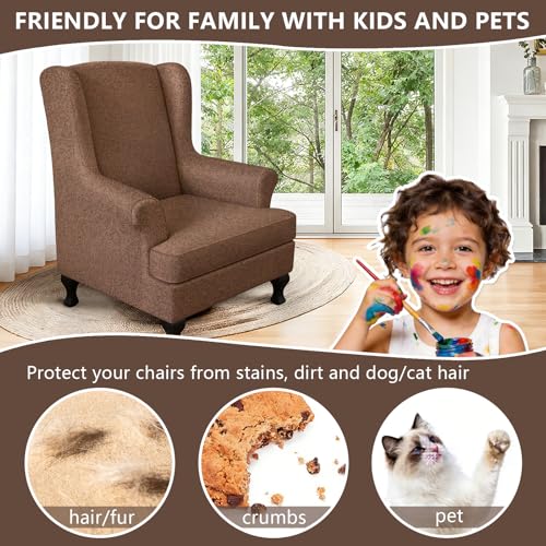 ANARACHON Leather Look Wingback Chair Covers, 2-Piece Wing Chair slipcover,Stretch Wing Back Armchair Slipcovers with Elastic Bottom, Soft Spandex Furniture Protector for Living Room (05 Brown) - color: Brown #5