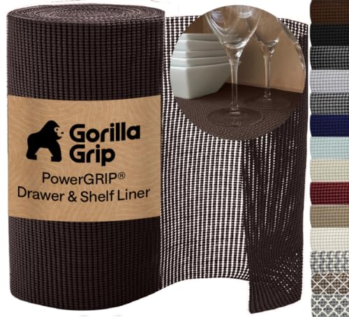 GORILLA GRIP powerGRIP Drawer Shelf and Cabinet Liner, Thick Strong Hold, Non-Adhesive Liners Protect Kitchen Cabinets and Cupboard, Bathroom Drawers, Easy Install, Breathable Mat, 12" x10', Chocolate - color: Chocolate, size: 12" X 10', style: 12" x 10'