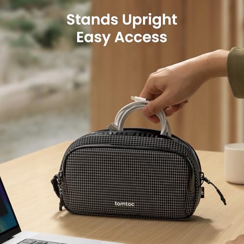 tomtoc Electronic Organizer Travel Case Performance, Water Resistant Dual Compartment Cable Organization Storage Bag for Charger, Cord, Phone, Hard Drive, Power Bank, Accessories Travel Essentials - color: Black Plaid, size: Medium