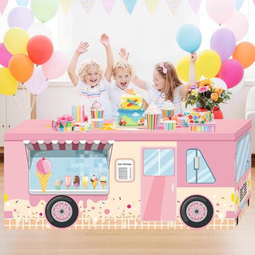 6FT Ice Cream Truck Tablecloth, Pastel Dessert and Sweet Treat Print Washable Reusable Fabric Table Cover for Kids’ Birthday Table Decor, Summer Party Supplies, and Ice Cream Bar Decorations - color: Ice Cream