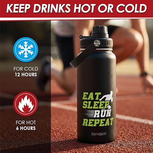 SANDJEST Running Insulated Stainless Steel Water Bottle 32oz, Eat Sleap Run Repeat, Vacuum Chug Lid Travel Tumbler for Men Friends Dad Brothers Runners, Gift for Birthday Christmas - color: Running