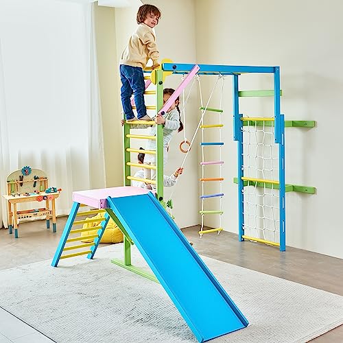Avenlur Grove 9-in-1 Indoor Jungle Gym Playground: Montessori Waldorf Style Wood PlaySet for Kids, and Toddlers Features Monkey Bars, Rope Wall Net, Ladder, Climber, Slide, Ring Set. Ages 2-11yrs - color: Colorful