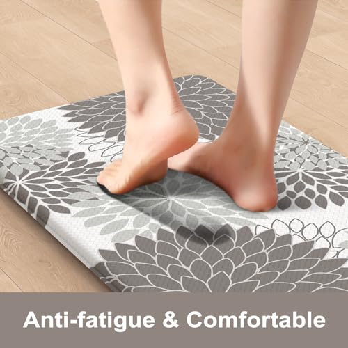 Anti Fatigue Kitchen Mat 2PCS,Boho Dahlia Floral Kitchen Rugs Non Slip Rubber Backing,Waterproof Farmhouse Kitchen Mat for Floor,Cushioned Standing Mat for Office,Laundry,Sink,Desk,Grey - color: Grey, size: 17.3" x 47 "+ 17.3" x 29 "--0.47 inches