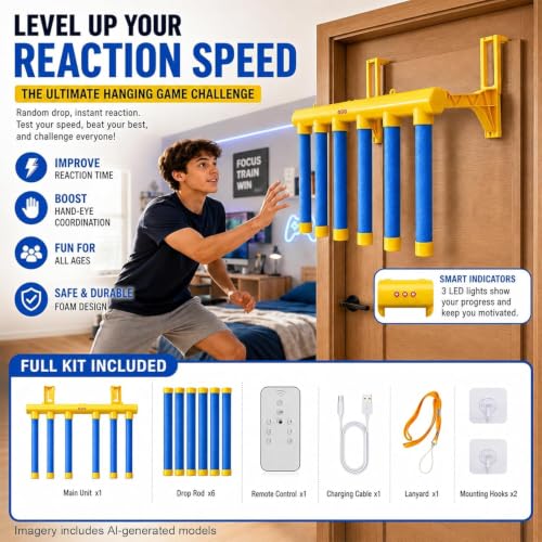Shelprojsu Reflex Drop Sticks Challenge Game, 3 Adjustable Catching Falling Sticks Game, Hand Eye Coordination Training Game, Reaction Time Training Hand Speed Challenge Game - color: Blue-With Control