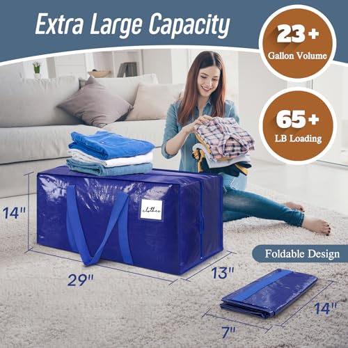 6 Pack Extra Heavy Duty Large Moving Bags with Strong Zipper & Comfortable Handles, Sturdy & Durable Clothes Storage Bags Totes Bins, Packing Moving Boxes for College Supplies, Blue - color: Blue, size: 6 Pack