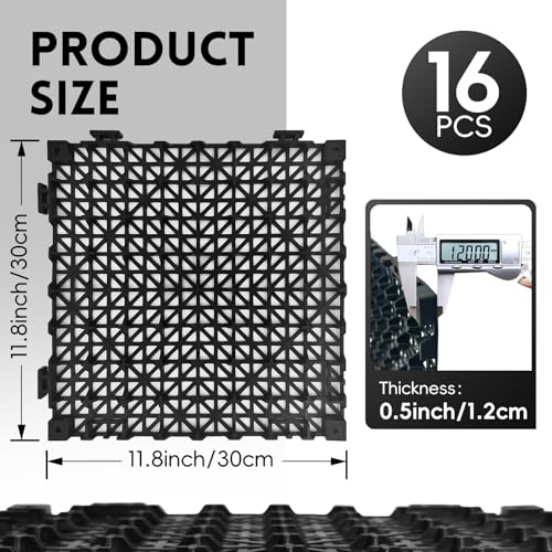 RITOLLO Modular Interlocking Cushion Drainage Floor Tiles, 16-Pack 11.8"x11.8" PVC Raised Non-Slip Interlocking Mats with Drain Holes for Deck, Pool, Garage, Shower, Patio, Bathroom, Sauna, Yard - color: Black, size: 16-Pack