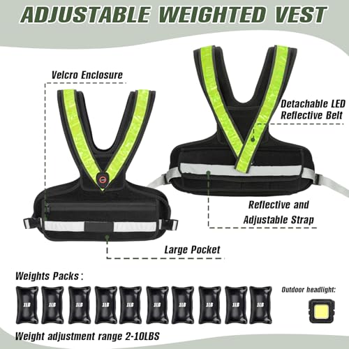 Weighted Vest for Women Men, Sport Running Weighted Vest with Reflective Strips and LED Flashing Sash, 10lbs/20lbs Weight Vest for Strength Training and Workout