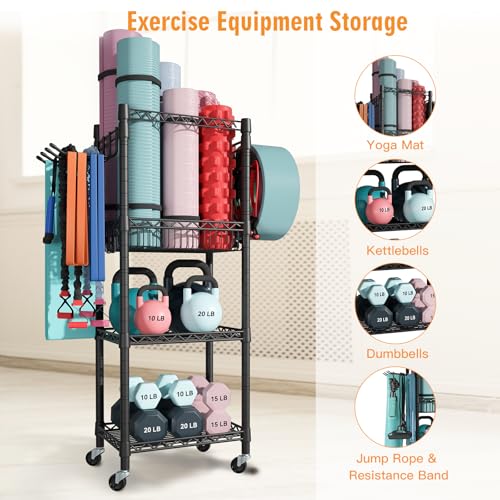 FUTASSI Home Gym Storage, 3 Tiers Workout Equipment Organizer with Wheels for Yoga Mats, Foam Roller, Dumbbells, Kettlebells, and Resistance Bands - color: Black, size: Single-Row