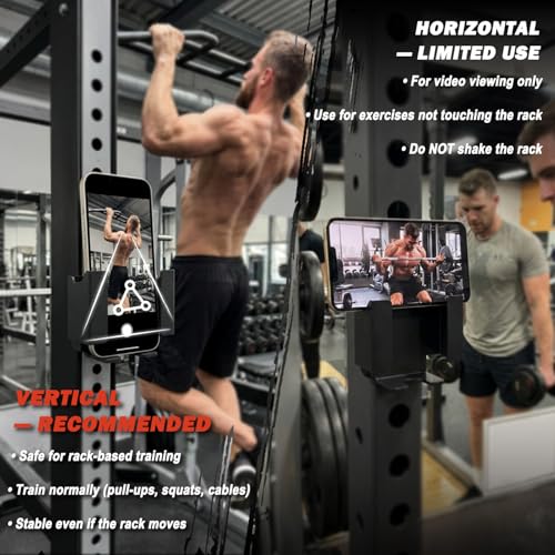 Power Rack Phone Mount, Hook-On Smartphone Holder for 2”×2”/3”×3” Squat Rack Upright, Tool-Free Installation, Vertical & Horizontal Viewing, Fits Phones up to 3.22” Wide - color: fit 2x2"power racks