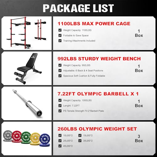 JELENS FS01 Folding Squat Rack, Wall Mounted Power Rack for Home Gym, Space Saving Multi-Functional Power Cage with More Attachments - color: Red, size: 260LB Colored Weights Package