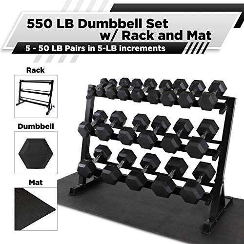 WF Athletic Supply Rubber Coated Hex Dumbbell Set, Multiple Choices Available - Dumbbells with Rack Stand and Mat, or Dumbbells Only (200/550/1200/2100/3000 LB) - color: e. 5 - 50LB w/ 3-tier RED Rack and Mat