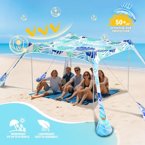 2PM SPORTS Beach Tent Sun Shelter 10x10 FT - UPF 50+ UV Protection, 8 Sandbags, Easy Setup, Portable Beach Shade Canopy for Family Picnic Camping Travel - color: Leaf