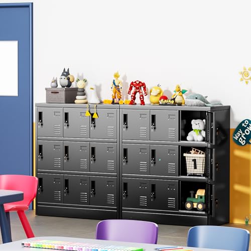 Greenvelly Metal Locker, 9 Doors Lockers for Employees with Keys,3 Tiers Small Steel Lockable Storage Lockers with Card Slots,Vents for Gym,School,Office,Kids Room(Black) - color: Black, size: 9 Doors