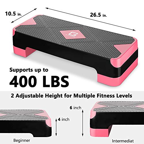 GYMMAGE Adjustable Workout Aerobic Stepper, Aerobic Exercise Step Platform with 2 Risers, Exercise Step Deck for Fitness, 26.5" Trainer Stepper with Non-Slip Surface Home Gym & Extra Risers Options - color: Pink&Black