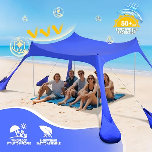 2PM SPORTS Beach Tent Sun Shelter 10x10 FT - UPF 50+ UV Protection, 8 Sandbags, Easy Setup, Portable Beach Shade Canopy for Family Picnic Camping Travel - color: Navy blue