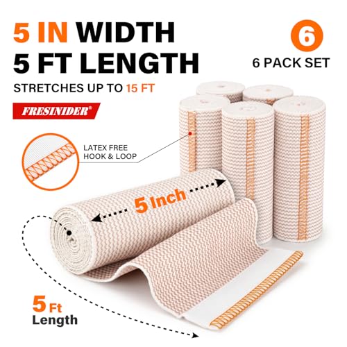 FRESINIDER Premium Elastic Bandage Wrap, 6 Pack 5" Cotton Compression Wrap with Hook & Loop Closure at Both Ends, Knee, Shoulder & Leg Support, 5 ft Long (Stretches up to 15 ft), Sports & First Aid - color: 5" X 6 Pack