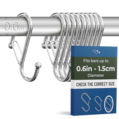 10-Pack Metal S Hooks for Hanging – Heavy-Duty S-Shaped Hooks with Safety Buckle – Fits Bars up to 0.6 In – Anti-Drop Hook for Kitchen, Pot Racks & Towel Bars – Silver (Small) - color: Silver, size: Small - 0.6In Diameter