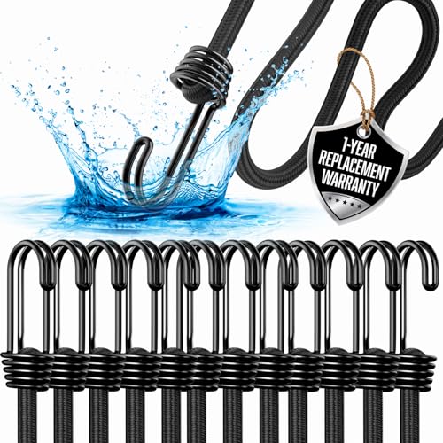 18 Inch Bungee Cords with Hooks - 12Pcs Bungie Set Heavy Duty Outdoor | Black Bungee Cords with Hooks - Strong Bungie Straps UV & Weather Resistant - Bungy Cords 200lb Strength - size: 18” (12 Piece)