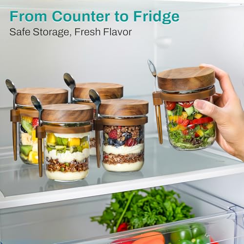 4 Pack Overnight Oats Containers with Wooden Lids and Spoons, 16oz Glass Mason Overnight Oats Jars with Lids, Large Capacity Airtight Jars for Milk, Cereal, Fruit