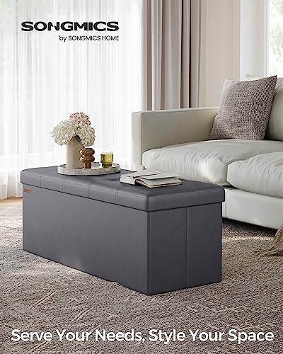SONGMICS Mazie Collection - 43 Inches Folding Storage Ottoman Bench, Ottoman with Storage, Foot Rest Stool, Load 660 lb, for Living Room, Synthetic Leather, Dark Gray ULSF070G01 - color: Dark Gray, size: 15"D x 43"W x 15"H