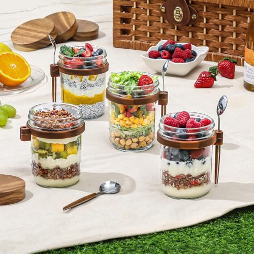 4 Pack Overnight Oats Containers with Wooden Lids and Spoons, 16oz Glass Mason Overnight Oats Jars with Lids, Large Capacity Airtight Jars for Milk, Cereal, Fruit